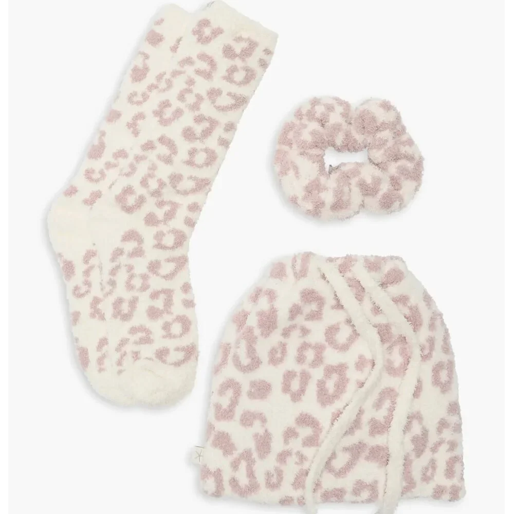 🐆 NWT CozyChic® Leopard Print Scrunchie & Socks Gift Set | Cream/Faded Rose